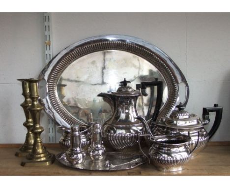 A Georgian style boat shaped, half fluted silver plated tea service comprising tea pot, water pot, milk jug and sucrier; toge