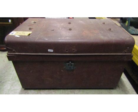 A Victorian tin trunk with simulated wood grain finish containing a quantity of terracotta flower pots and a blow butter chur
