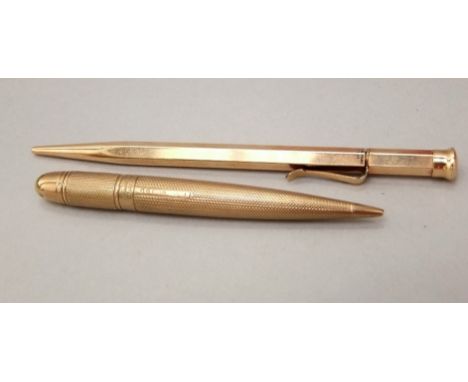 A Sampson Mordan & Co engine turned 9ct gold propelling pencil, 17.5 grams approx, together with a further gold plated Sampso