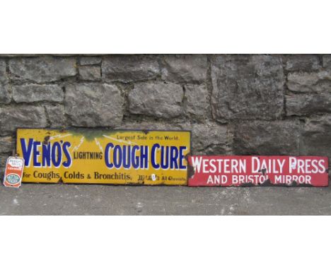 A vintage enamel sign of rectangular form advertising Veno's Lightning Cough Cure, 66 cm x 21 cm, a further smaller rectangul