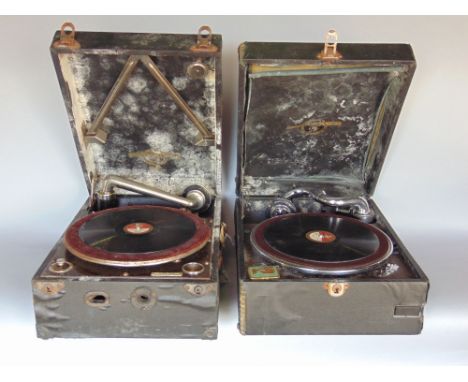 Two vintage wind up box gramophones