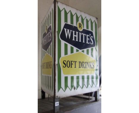 A floorstanding vintage litter bin of triangular form with enamel panels advertising R White's soft drinks