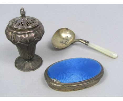 A Victorian silver baluster pepper, embossed with floral swags, 7cm high; together with a further silver and guilloche enamel