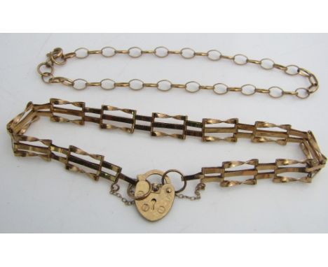 A 9ct gate link bracelet with heart padlock clasp and one further 9ct example, 4.6g total
