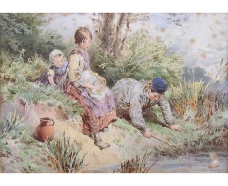 William Stephen Coleman (1829-1904) - Children playing on the riverbank, watercolour, signed with Birket-Foster monogram lowe