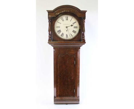 R. Bosworth of Nottingham – a Victorian oak cased droptrunk wall clock, having a signed and overpainted white enamel circular