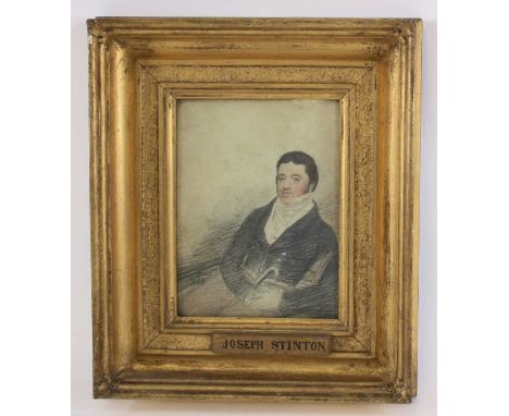 Mid-19th century school - Half-length portrait of Joseph Stinton, pencil heightened with watercolour, 20 x 14.5cm 