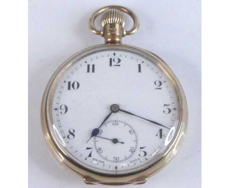 A 9ct yellow gold open face manual wind pocket watch, having round white Arabic dial and subsidiary dial at 6, case diameter 