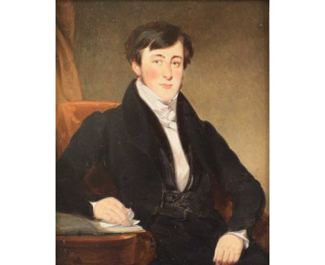 Mid-19th century English school - Portrait of a seated gentleman wearing a black tunic, oil on panel, 17.5 x 13.5cm 