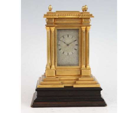 A fine mid-Victorian gilt brass carriage clock by Hunt & Roskell of London, circa 1870, the architectural case having twelve 