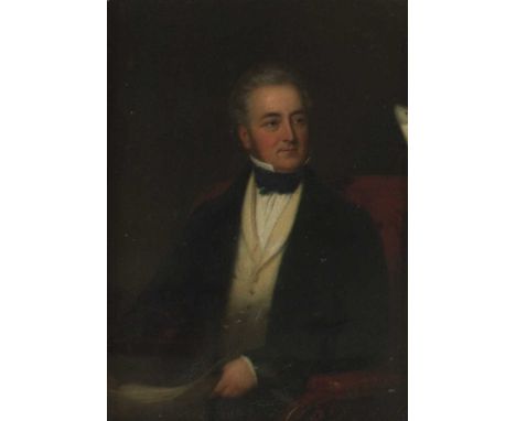 Late 19th century English school - Half-length portrait of a gentleman wearing a black silk neck-scarf, oil on panel, 26.5 x 