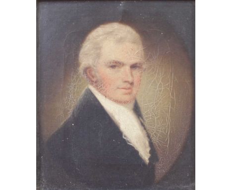 Circa 1835 English school - Head and shoulders portrait of a young James Flesher (1810-1838), oil on canvas, 16 x 14cm 