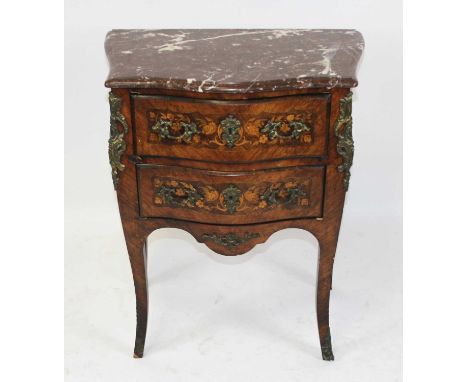 A late 19th century French kingwood, rosewood and floral marquetry inlaid bombe commode, of small proportions, having a marbl