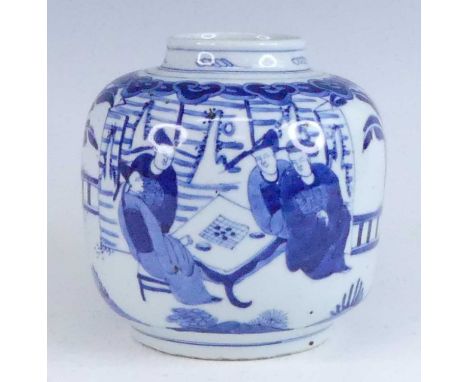 A Chinese blue and white jar, late Ming dynasty, decorated with figures playing a board game beneath a ruyi head border, h.17