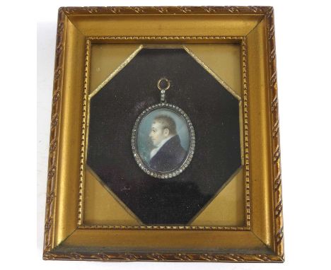 Early 19th century English school - Profile portrait of John Ross, miniature watercolour on ivory, 28 x 24mm, the whole house