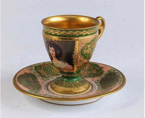 A Vienna porcelain cup and saucer, 19th century, the cup decorated with a portrait of Mrs Sheridan upon an apple green ground
