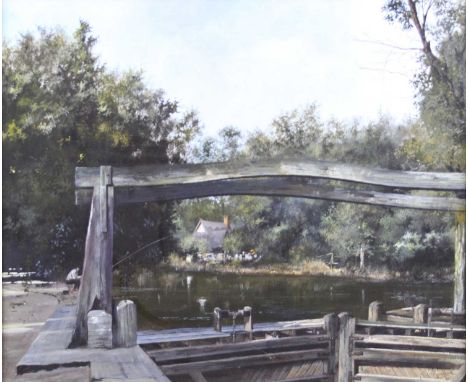 § Clive Madgwick (1934-2005) - Lone fisherman by the loch gate, oil on canvas, signed and dated 1975 lower right, 66 x 78cm