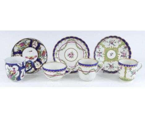 Three Worcester porcelain coffee cans and saucers and a teacup, late 18th century, each enamel decorated with birds, flowers 