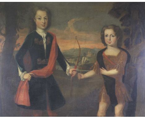 In the manner of Charles d'Agar (1669-1723) - Two young gentleman archers in a landscape with estates beyond, one in classica