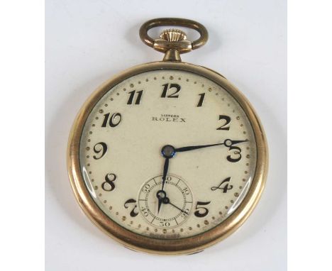 A gold plated Rolex manual wind open faced pocket watch, having a round cream Arabic dial and subdial at six, with Rolex sign