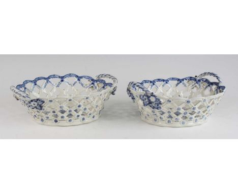 A pair of Caughley table baskets, circa 1785, of open trellis form, transfer decorated in in the pinecone pattern, each w.25c