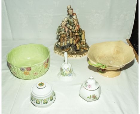 A Carlton Ware dish and a Mella Ware dish, two pieces of Aynsley pottery and a Noritake bowl and a peddlers figure group