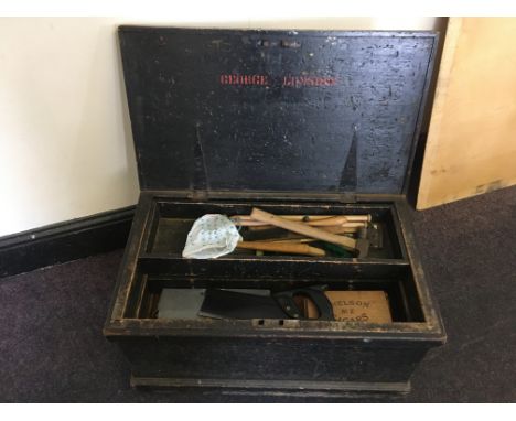 A pine box of tools with an ammo box of tools. IMPORTANT: Online viewing and bidding only. Collection by appointment via our 