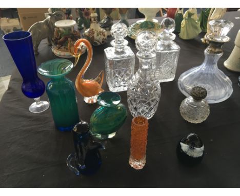 A selection of coloured glass vases including Whitefriars tangerine, Medina, etc, animal ornaments, a Caithness paperweight, 