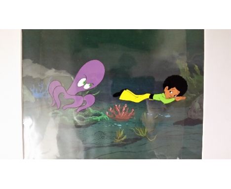 POP MUSIC, original animation cel from The Jackson Five, showing Michael Jackson being chased by an octopus, overmounted, EX
