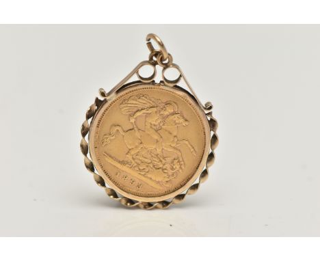 A HALF SOVEREIGN PENDANT, a Queen Victoria, half sovereign coin dated 1893, in a collet mount with rope twist surround and sc