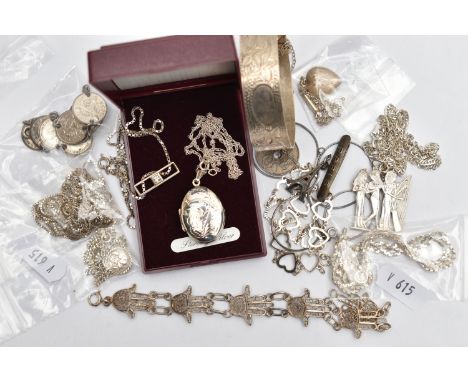 A BAG OF ASSORTED WHITE METAL JEWELLERY, to include  various white metal pendant necklaces, some stamped 925 or silver, chain