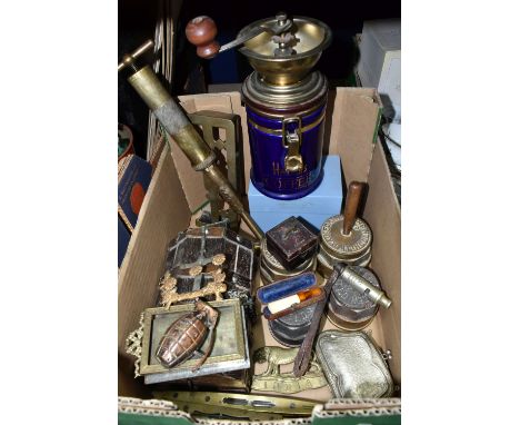 ONE BOX OF METALWARE AND SUNDRIES, to include a blue Harrods coffee grinder, a silverplate purse, two Marple &amp; Sons Ltd b