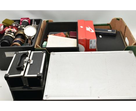 A LARGE QUANTITY OF COSTUME JEWELLERY AND ITEMS, to include various boxes, jewellery boxes, empty boxes, a large metal briefc