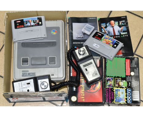 NINTENDO SNES CONSOLE AND GAMES, includes The Adams Family Pugsley's Scavenger Hunt (boxed with manual), Mortal Kombat (boxed