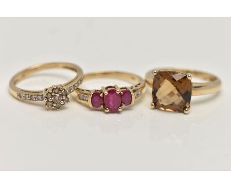 THREE 9CT GOLD GEM SET RINGS, the first a faceted Citrine ring, hallmarked 9ct Birmingham, ring size M, a ruby and diamond ri