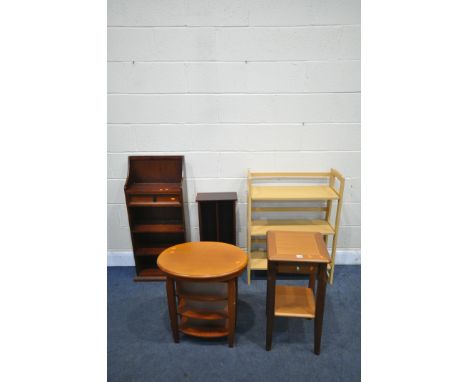 A SELECTION OF OCCASIONAL FURNITURE, to include a folding open bookcase, a slim open bookcase, cd rack, and two lamp tables (