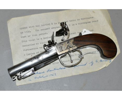 A SINGLE BARREL SINGLE BOXLOCK POCKET PISTOL, engraved Higham Warrington inset into a trophy of arms, George Higham operated 