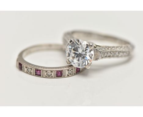 TWO WHITE METAL RINGS, the first a ruby and diamond half eternity ring, stamped 18ct, ring size L, approximate gross weight 2
