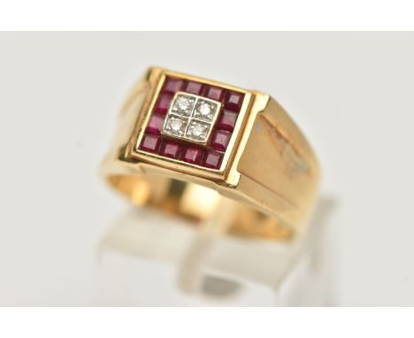 A GENTS YELLOW METAL RUBY AND DIAMOND SIGNET RING, of a square design, to the centre are four small round brilliant cut diamo