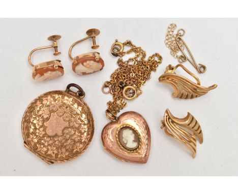 TWO PAIRS OF EARRINGS AND TWO PENDANTS WITH CHAIN, a pair of non-pierced open work earrings, hallmarked 9ct Birmingham, appro