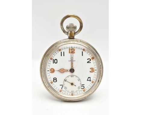AN 'OMEGA' POCKET WATCH, manual wind, round white dial signed 'Omega', Arabic numerals, subsidiary dial at the six o'clock po