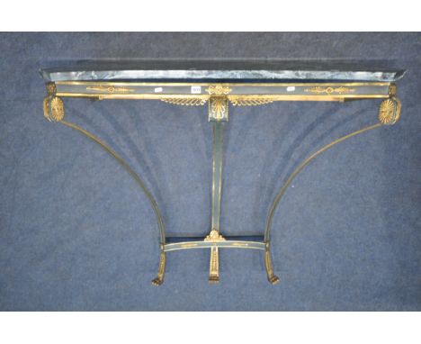 A NAPOLEON FRENCH STYLE GILT METAL AND GREEN CONSOLE TABLE, with a veined marble top, width 120cm x depth 43cm x height 87cm 