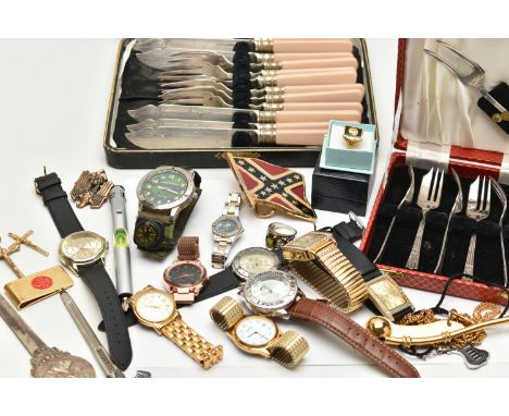 A BOX OF ASSORTED ITEMS, to include a quantity of white metal rings, a small quantity of wristwatches such as 'Rotary, Sekond