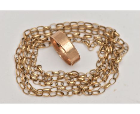 A 9CT GOLD POLISHED BAND RING AND A BELCHER CHAIN, the polished wide band, approximate band width 5.5mm, hallmarked 9ct Birmi