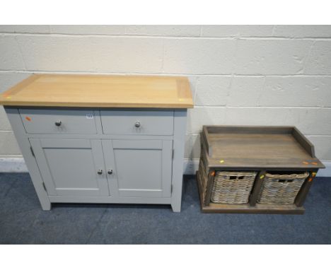 A PAINTED AND LIGHT OAK TOPPED SIDEBOARD, with two drawers, width 100cm x depth 43cm x height 84cm, along with a low cabinet 