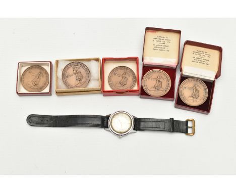 A GENTS 'AVIA' WRISTWATCH AND MEDALLIONS, manual wind watch, round silver dial signed 'Avia De Luxe', Arabic numerals and bat