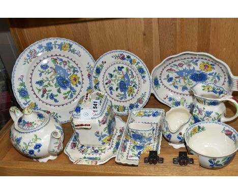 ELEVEN PIECES OF MASONS REGENCY PATTERN TABLEWARES, comprising rectangular twin handled sugar box and cover, oval teapot and 