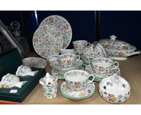 A GROUP OF MINTON 'HADDON HALL' PATTERN TEAWARE, comprising an oval trinket dish (marked as second quality), oval covered tur