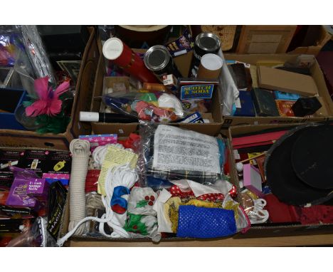 SIX BOXES OF MAGICIANS EQUIPMENT, PROPS AND PLAYING CARDS, to include folding top hat, magic wands, magic hankies, boxes of H