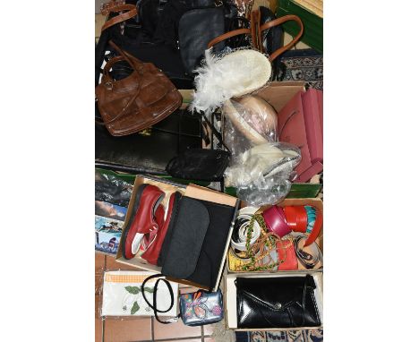 FOUR BOXES AND LOOSE HANDBAGS, HATS, BELTS AND OTHER ACCESSORIES, to include a boxed vintage Hudsons of Wolverhampton &amp; S